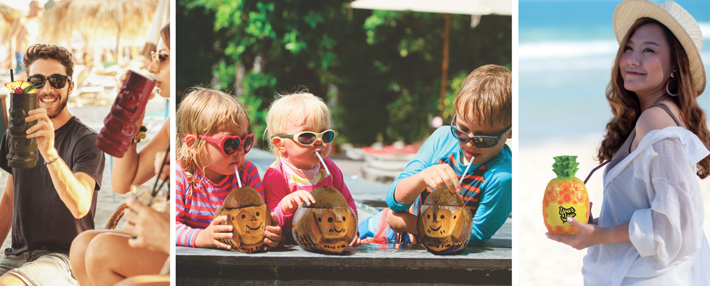 Custom drinkware for summer, such as tiki cups, carved coconut cups, and pineapple cups, good for all ages. Shows adults and kids drinking from them. 