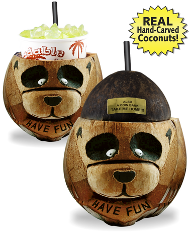 16oz Panda Coconut is a real hand carved coconut painted to look like a panda. A top and straw completes the design.