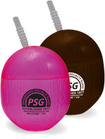 15oz Plastic Coconut is a plastic cup in the shape of a coconut with custom logo printing on the side, a top and a straw. Colors shown are pink and brown.