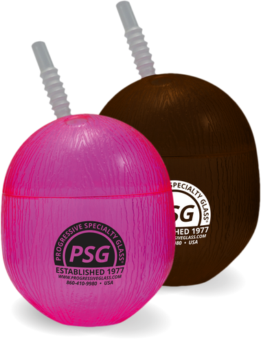 15oz Plastic Coconut is a plastic cup in the shape of a coconut with custom logo printing on the side, a top and a straw. Colors shown are pink and brown.
