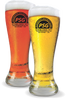 20oz Pilsner Glass shows two clear beer glasses filled with beer and custom logo printing on the sides