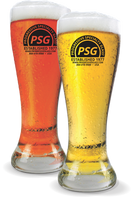 20oz Pilsner Glass shows two clear beer glasses filled with beer and custom logo printing on the sides