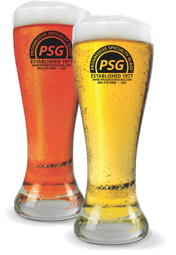 20oz Pilsner Glass shows two clear beer glasses filled with beer and custom logo printing on the sides