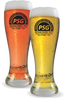 23oz Pilsner Glass shows two clear glasses filled with beer and custom logos printed on the side