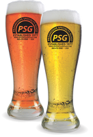 23oz Pilsner Glass shows two clear glasses filled with beer and custom logos printed on the side