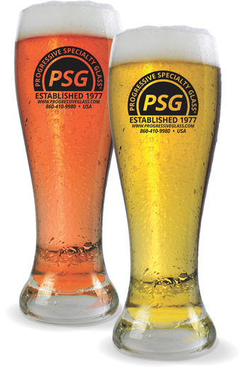 23oz Pilsner Glass shows two clear glasses filled with beer and custom logos printed on the side