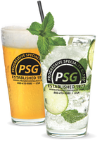 16oz Pint Glass shows standard clear glasses with custom logo printing and filled with either a cocktail or beer