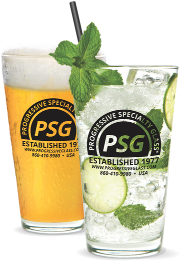 16oz Pint Glass shows standard clear glasses with custom logo printing and filled with either a cocktail or beer