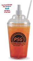 19oz Plastic The Refresher® is a clear cup with a cap and straw that also has a spray bottle built into the middle of the cap that you fill with water and spray yourself with. Custom logo printing on side.