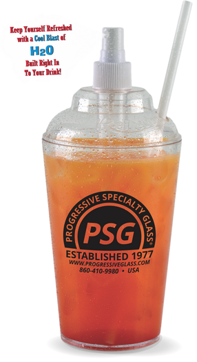19oz Plastic The Refresher® is a clear cup with a cap and straw that also has a spray bottle built into the middle of the cap that you fill with water and spray yourself with. Custom logo printing on side.