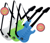 100oz Light-Up & Sound Plastic Guitar is a cup shaped like a guitar that plays lights and sounds and has custom logo printing. A hole with a straw is towards the top of the guitar body. Colors shown are white, green and blue.
