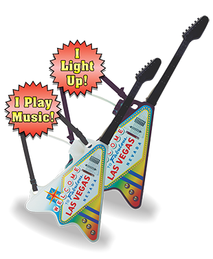 100oz WTLV Light-Up & Sound Plastic Guitar is a cup in the shape of a guitar with the las vegas sign as the body of the guitar. Hole with straw is towards the top of the guitar body. It also lights up and plays music.