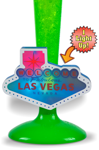 WTLV Light-Up Sign is an element shaped like the las vegas sign and lights up and attaches to drinkware. Shown on a yard glass.