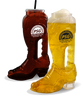 46oz Plastic Cowboy Boot is a cup shaped like a cowboy boot with a built in handle and custom logo printing. Colors shown are translucent brown and clear.