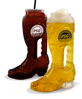 46oz Plastic Cowboy Boot is a cup shaped like a cowboy boot with a built in handle and custom logo printing. Colors shown are translucent brown and clear.