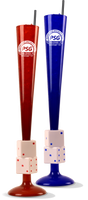45oz Plastic Dice Prostacker™ are translucent colored tall skinny cups with dice near the base and a custom logo printed towards the top. Colors shown are red and blue.