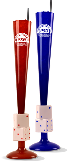 45oz Plastic Dice Prostacker™ are translucent colored tall skinny cups with dice near the base and a custom logo printed towards the top. Colors shown are red and blue.