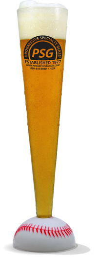 24oz Plastic Baseball Prostacker™ is a tall clear skinny cup with a painted baseball base and a custom logo