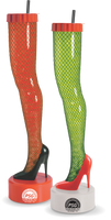 20oz Plastic The Leg© is a cup shaped like a leg wearing fishnet tights and a heel. The colors shown are red with black heel and green with red heel. Custom logo printing available.