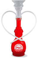 40oz Plastic Hookah Yard is a tall, clear cup in the shape of a hookah with two straws and a custom logo printed on the bottom.