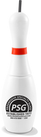 32oz Plastic Bowling Pin is an opaque plastic cup in the shape of a bowling pin and painted to look like a real bowling pin. Hole for straw in the top and custom logo printed on the side