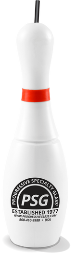 32oz Plastic Bowling Pin is an opaque plastic cup in the shape of a bowling pin and painted to look like a real bowling pin. Hole for straw in the top and custom logo printed on the side