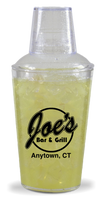22oz Plastic Cocktail Shakers are clear plastic cups that look like cocktail shakers, comes with three pieces and a custom logo on the side
