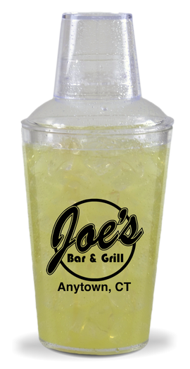 22oz Plastic Cocktail Shakers are clear plastic cups that look like cocktail shakers, comes with three pieces and a custom logo on the side