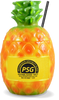 22oz Plastic Pineapple Sipper is an opaque cup in the shape of a pineapple and painted to look like a real pineapple, with a top, straw, and custom logo on the side.