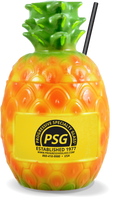 22oz Plastic Pineapple Sipper is an opaque cup in the shape of a pineapple and painted to look like a real pineapple, with a top, straw, and custom logo on the side.