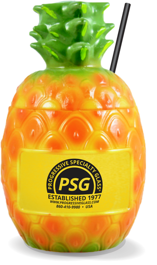 22oz Plastic Pineapple Sipper is an opaque cup in the shape of a pineapple and painted to look like a real pineapple, with a top, straw, and custom logo on the side.