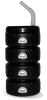 34oz Plastic Tire Sipper is a black cup shaped like several tires stacked on top of each other, with a top and straw and custom logos on the tires.