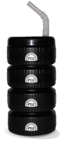 34oz Plastic Tire Sipper is a black cup shaped like several tires stacked on top of each other, with a top and straw and custom logos on the tires.