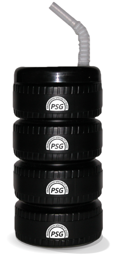 34oz Plastic Tire Sipper is a black cup shaped like several tires stacked on top of each other, with a top and straw and custom logos on the tires.