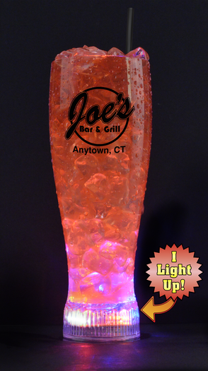 21oz Plastic Light-Up Pilsner is a clear plastic cup with a light up bottom and a custom logo