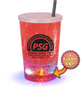 12oz Plastic Light-Up Cup is a clear cup with a cap and straw and lights in the bottom and a custom logo on the side