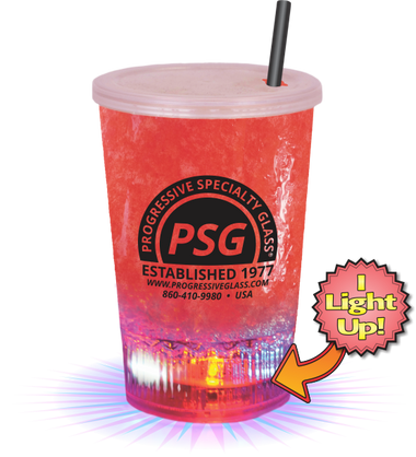 12oz Plastic Light-Up Cup is a clear cup with a cap and straw and lights in the bottom and a custom logo on the side