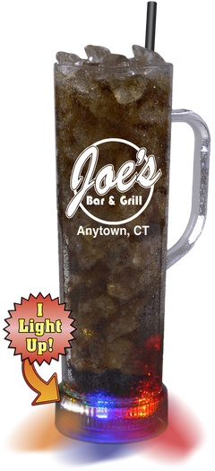 22oz Plastic Light-Up Frankfurt is a clear jug style cup with lights in the base and a custom logo printed on the side