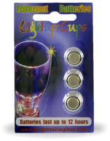 Replacement Batteries, three in a package for light up cups. Batteries last up to 12 hours