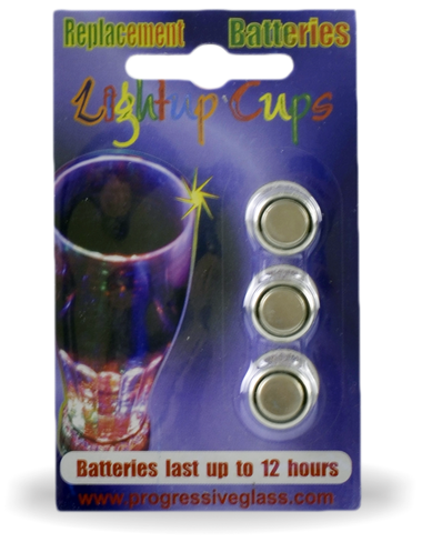 Replacement Batteries, three in a package for light up cups. Batteries last up to 12 hours
