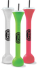 25oz Plastic Half Yard is a tall, skinny cup with a cap and straw and a custom logo. Colors shown are white, green and red.