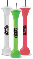 25oz Plastic Half Yard is a tall, skinny cup with a cap and straw and a custom logo. Colors shown are white, green and red.