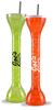 32oz Plastic Yard is a tall skinny cup with a cap and straw in colors green and orange and a custom logo