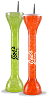 32oz Plastic Yard is a tall skinny cup with a cap and straw in colors green and orange and a custom logo