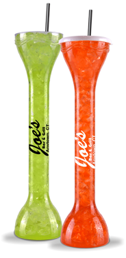 32oz Plastic Yard is a tall skinny cup with a cap and straw in colors green and orange and a custom logo