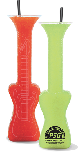 24oz Plastic Guitar Yard is a cup in the shape of a guitar in the colors red and green with a custom logo