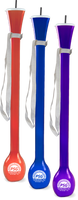 100oz Plastic Yard is a huge tall, skinny cup with a strap, a cap, a straw, and a bowl at the bottom with custom logo printing. Showing different colors like red, blue and purple.