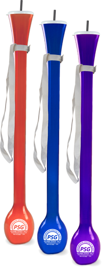 100oz Plastic Yard is a huge tall, skinny cup with a strap, a cap, a straw, and a bowl at the bottom with custom logo printing. Showing different colors like red, blue and purple.