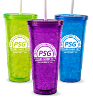 22oz Plastic Insulated Tumbler is a tall double walled tumbler with a cap and straw in several colors, green, pink, blue and custom logo