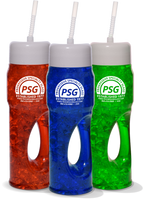 32oz Plastic Pro-Gripper Bottle is a capped water bottle with a handle and a straw in several colors like red, blue, green, and a custom logo